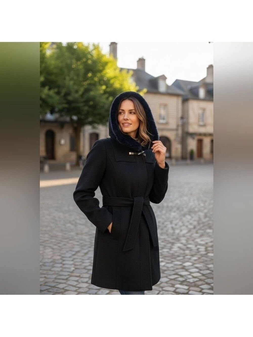 Calvin Klein Black Trench Coat with Fur Collar XSP Winter - Picture 2 of 5